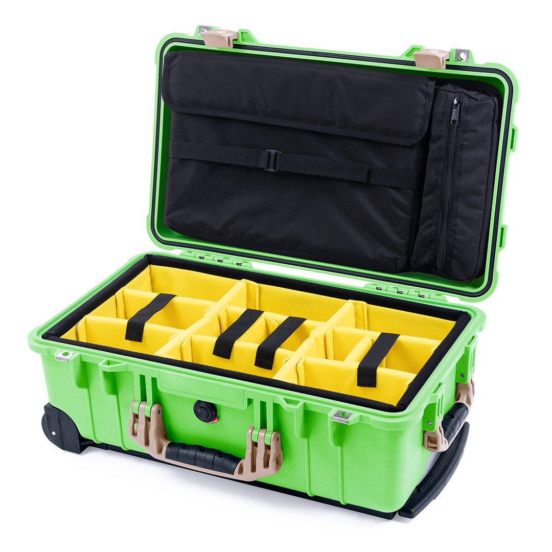 Pelican 1510 Case, Lime Green with Desert Tan Handles &amp; Latches Yellow Padded Microfiber Dividers with Computer Pouch ColorCase 015100-0210-300-310