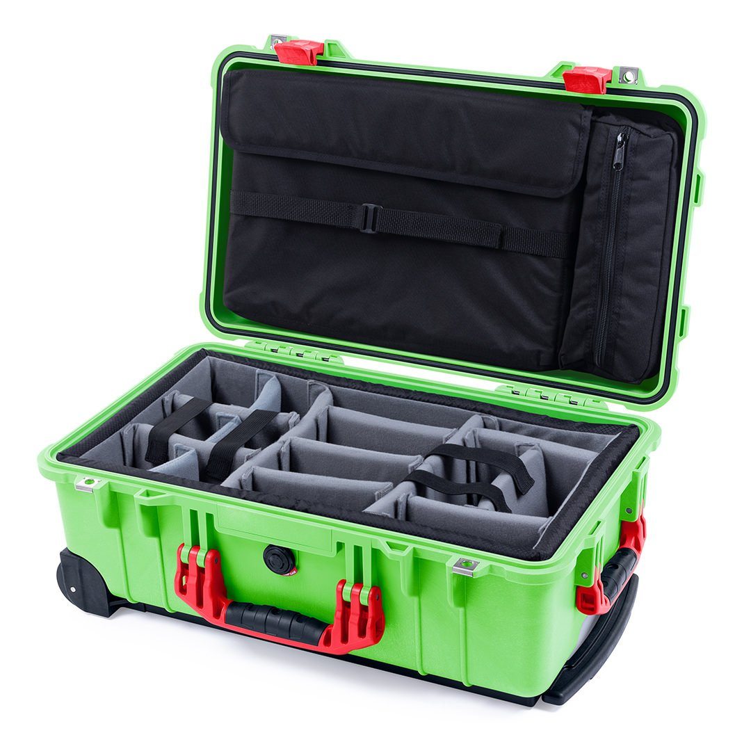 Pelican 1510 Case, Lime Green with Red Handles &amp; Latches Gray Padded Microfiber Dividers with Computer Pouch ColorCase 015100-0270-300-320