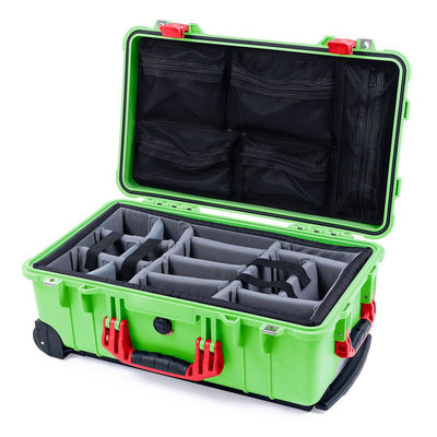 Pelican 1510 Case, Lime Green with Red Handles & Latches Gray Padded Microfiber Dividers with Mesh Lid Organizer ColorCase 015100-0170-300-320