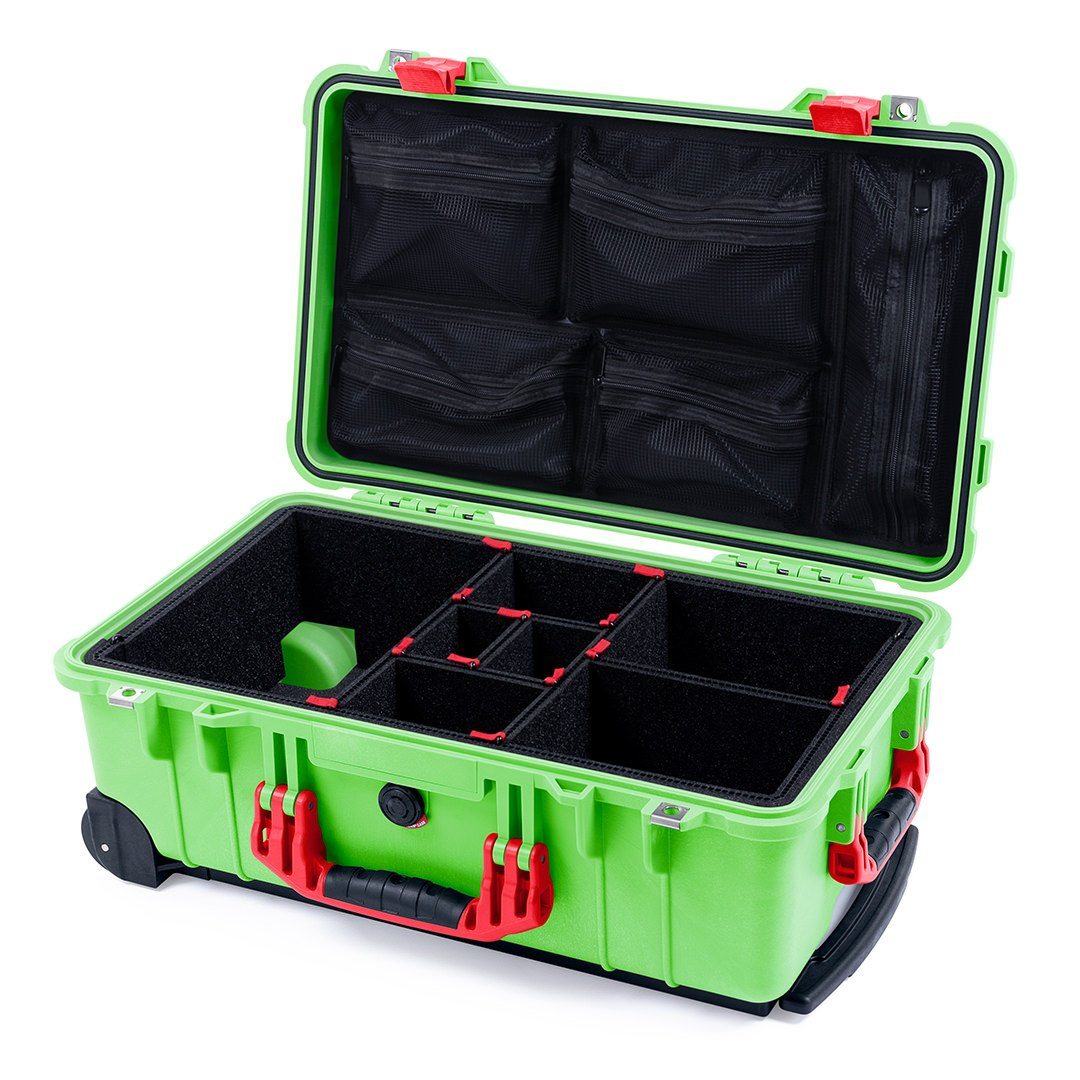 Pelican 1510 Case, Lime Green with Red Handles &amp; Latches TrekPak Divider System with Mesh Lid Organizer ColorCase 015100-0120-300-320