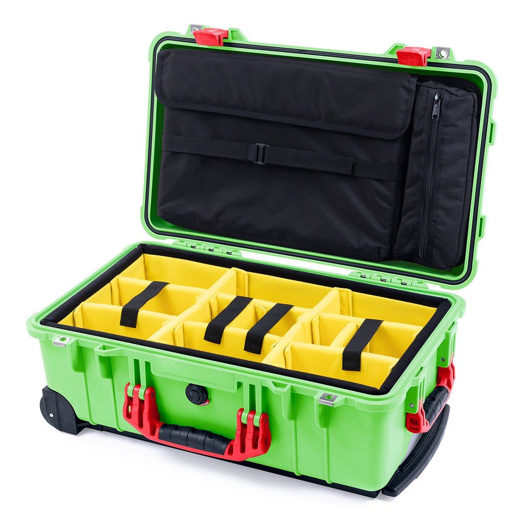 Pelican 1510 Case, Lime Green with Red Handles &amp; Latches Yellow Padded Microfiber Dividers with Computer Pouch ColorCase 015100-0210-300-320
