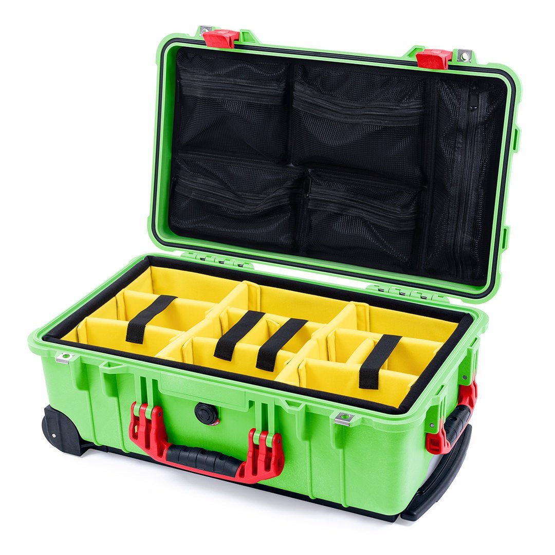Pelican 1510 Case, Lime Green with Red Handles &amp; Latches Yellow Padded Microfiber Dividers with Mesh Lid Organizer ColorCase 015100-0110-300-320