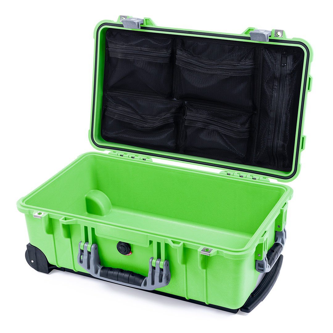 Pelican 1510 Case, Lime Green with Silver Handles &amp; Latches Mesh Lid Organizer Only ColorCase 015100-0100-300-180