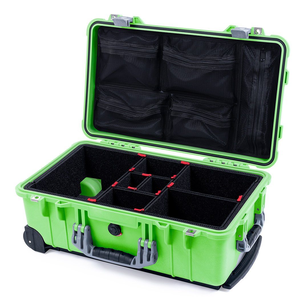 Pelican 1510 Case, Lime Green with Silver Handles &amp; Latches TrekPak Divider System with Mesh Lid Organizer ColorCase 015100-0120-300-180