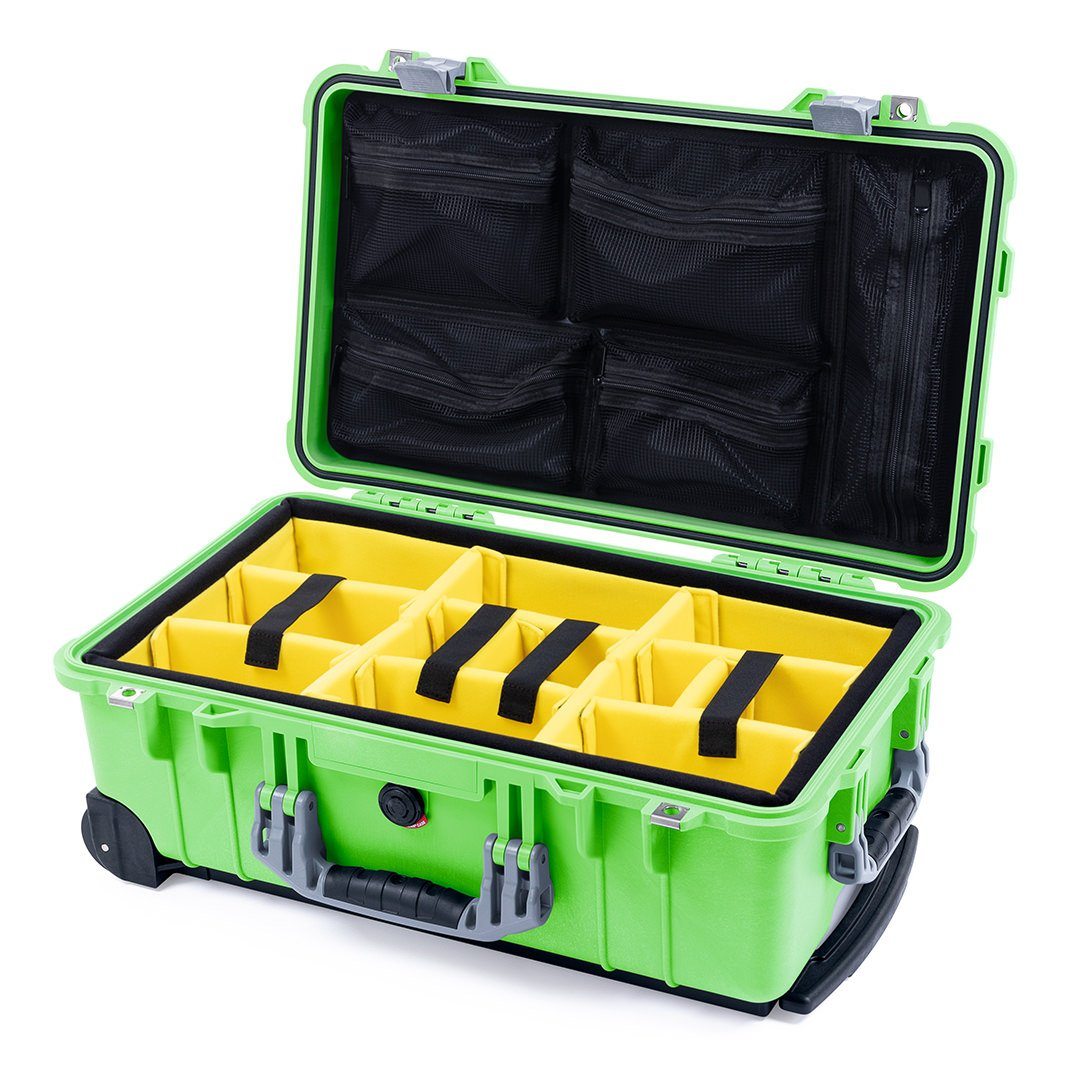 Pelican 1510 Case, Lime Green with Silver Handles &amp; Latches Yellow Padded Microfiber Dividers with Mesh Lid Organizer ColorCase 015100-0110-300-180