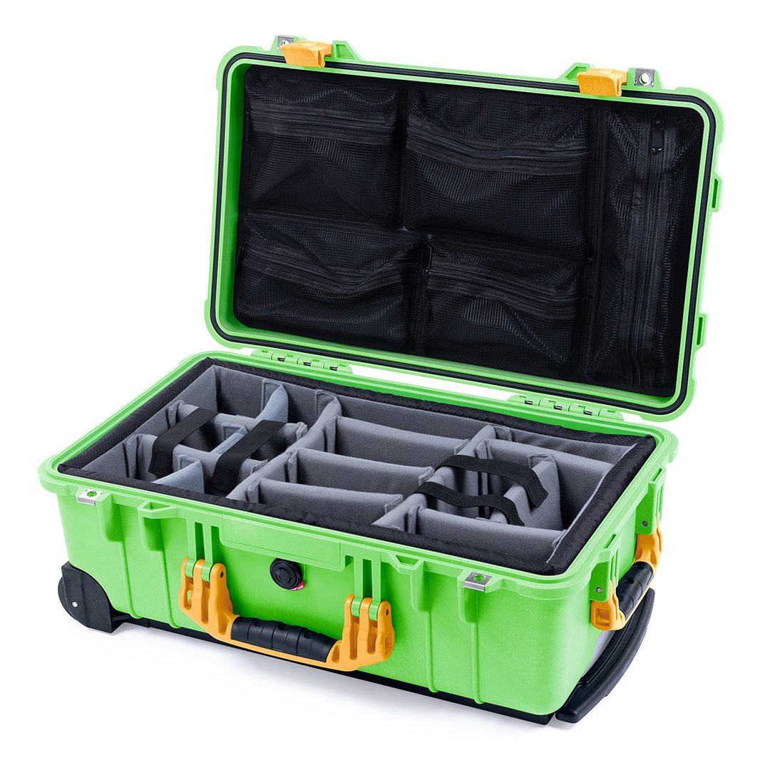 Pelican 1510 Case, Lime Green with Yellow Handles &amp; Latches Gray Padded Microfiber Dividers with Mesh Lid Organizer ColorCase 015100-0170-300-240