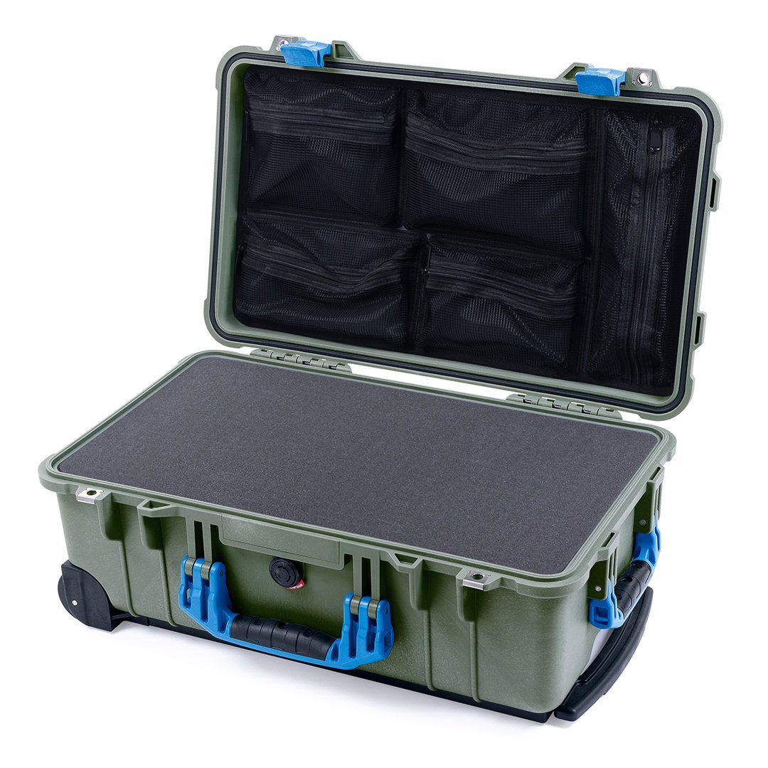 Pelican 1510 Case, OD Green with Blue Handles &amp; Latches Pick &amp; Pluck Foam with Mesh Lid Organizer ColorCase 015100-0101-130-120