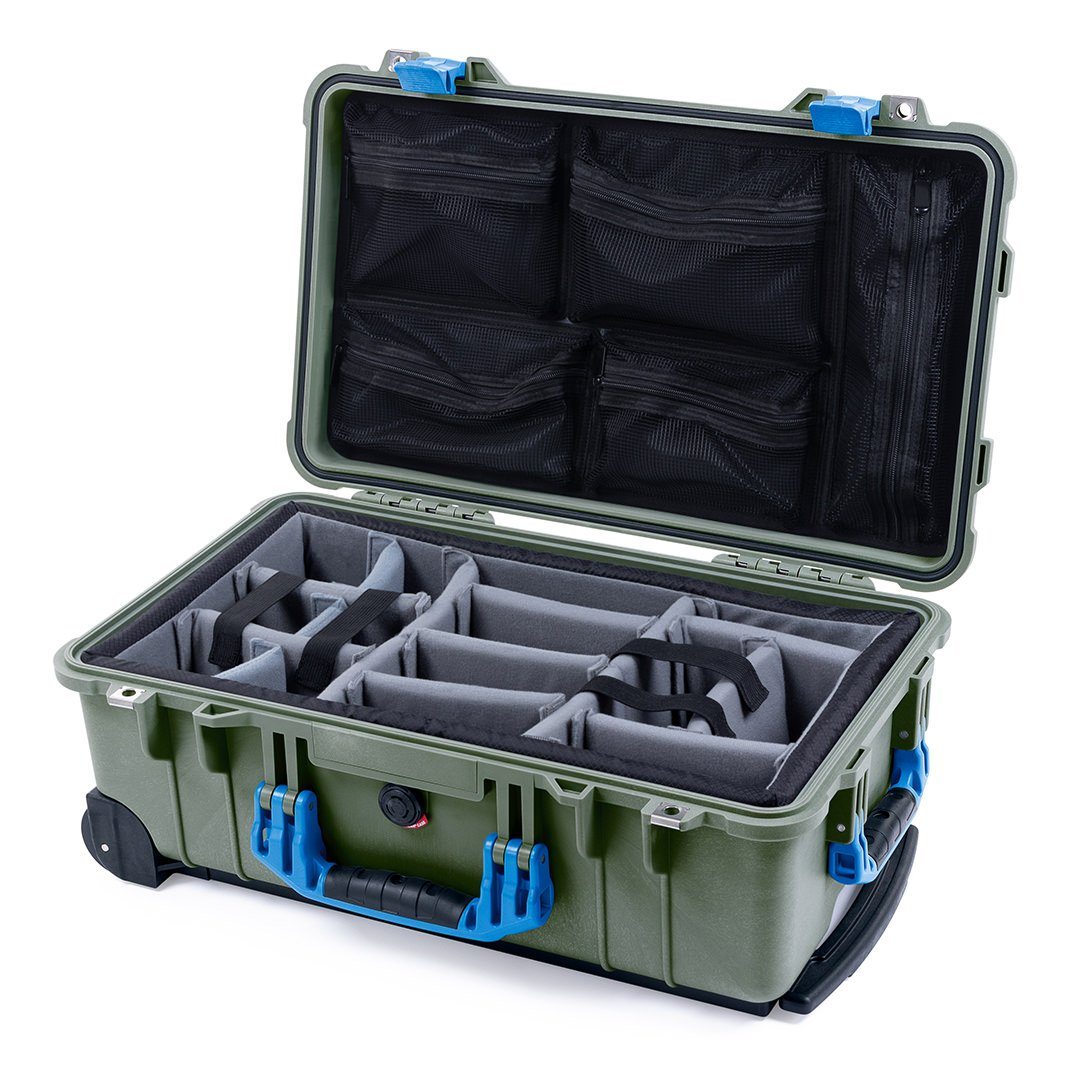 Pelican 1510 Case, OD Green with Blue Handles &amp; Latches Gray Padded Microfiber Dividers with Mesh Lid Organizer ColorCase 015100-0170-130-120