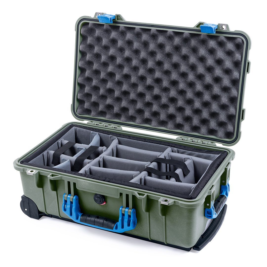 Pelican 1510 Case, OD Green with Blue Handles &amp; Latches Gray Padded Microfiber Dividers with Convolute Lid Foam ColorCase 015100-0070-130-120