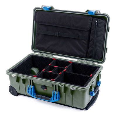 Pelican 1510 Case, OD Green with Blue Handles & Latches TrekPak Divider System with Computer Pouch ColorCase 015100-0220-130-120