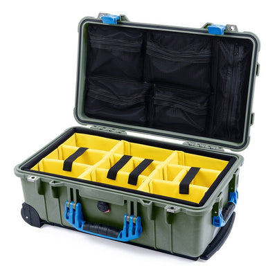 Pelican 1510 Case, OD Green with Blue Handles & Latches Yellow Padded Microfiber Dividers with Mesh Lid Organizer ColorCase 015100-0110-130-120