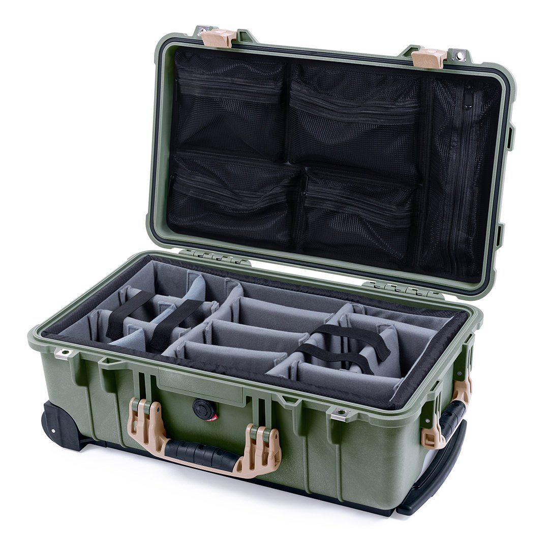 Pelican 1510 Case, OD Green with Desert Tan Handles &amp; Latches Gray Padded Microfiber Dividers with Mesh Lid Organizer ColorCase 015100-0170-130-310