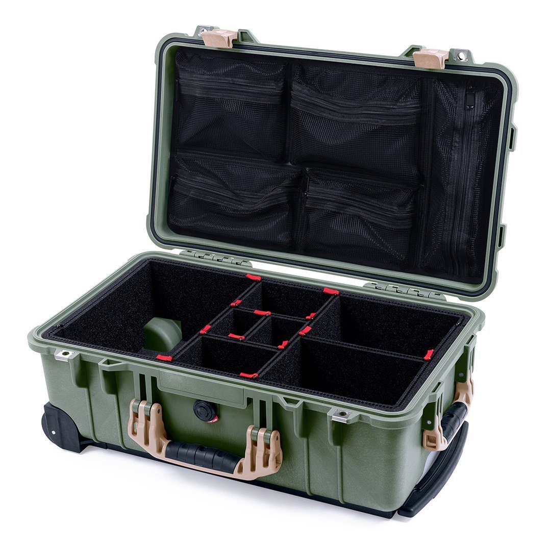 Pelican 1510 Case, OD Green with Desert Tan Handles & Latches TrekPak Divider System with Mesh Lid Organizer ColorCase 015100-0120-130-310