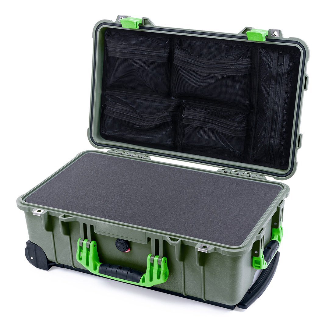 Pelican 1510 Case, OD Green with Lime Green Handles &amp; Latches Pick &amp; Pluck Foam with Mesh Lid Organizer ColorCase 015100-0101-130-300
