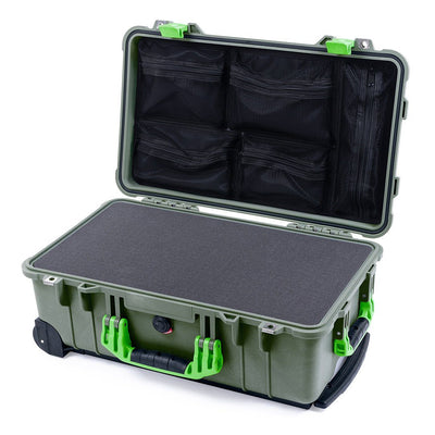 Pelican 1510 Case, OD Green with Lime Green Handles & Latches Pick & Pluck Foam with Mesh Lid Organizer ColorCase 015100-0101-130-300