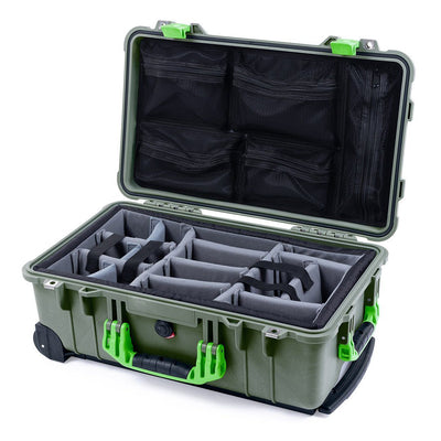Pelican 1510 Case, OD Green with Lime Green Handles & Latches Gray Padded Microfiber Dividers with Mesh Lid Organizer ColorCase 015100-0170-130-300