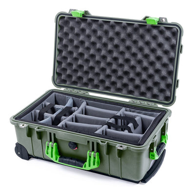 Pelican 1510 Case, OD Green with Lime Green Handles & Latches Gray Padded Microfiber Dividers with Convolute Lid Foam ColorCase 015100-0070-130-300
