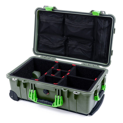 Pelican 1510 Case, OD Green with Lime Green Handles & Latches TrekPak Divider System with Mesh Lid Organizer ColorCase 015100-0120-130-300