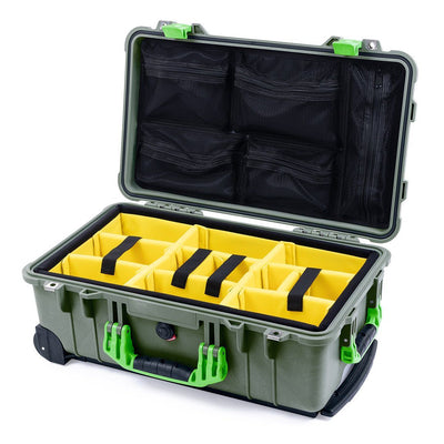 Pelican 1510 Case, OD Green with Lime Green Handles & Latches Yellow Padded Microfiber Dividers with Mesh Lid Organizer ColorCase 015100-0110-130-300