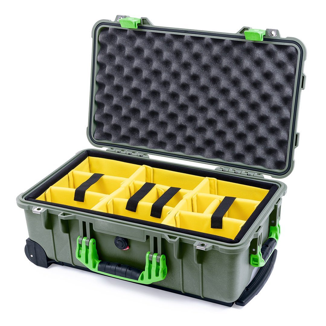 Pelican 1510 Case, OD Green with Lime Green Handles &amp; Latches Yellow Padded Microfiber Dividers with Convolute Lid Foam ColorCase 015100-0010-130-300