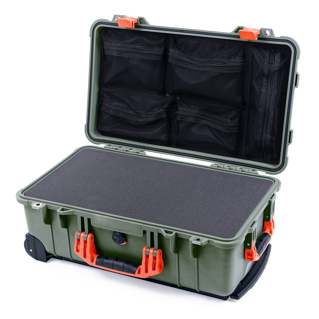Pelican 1510 Case, OD Green with Orange Handles &amp; Latches Pick &amp; Pluck Foam with Mesh Lid Organizer ColorCase 015100-0101-130-150