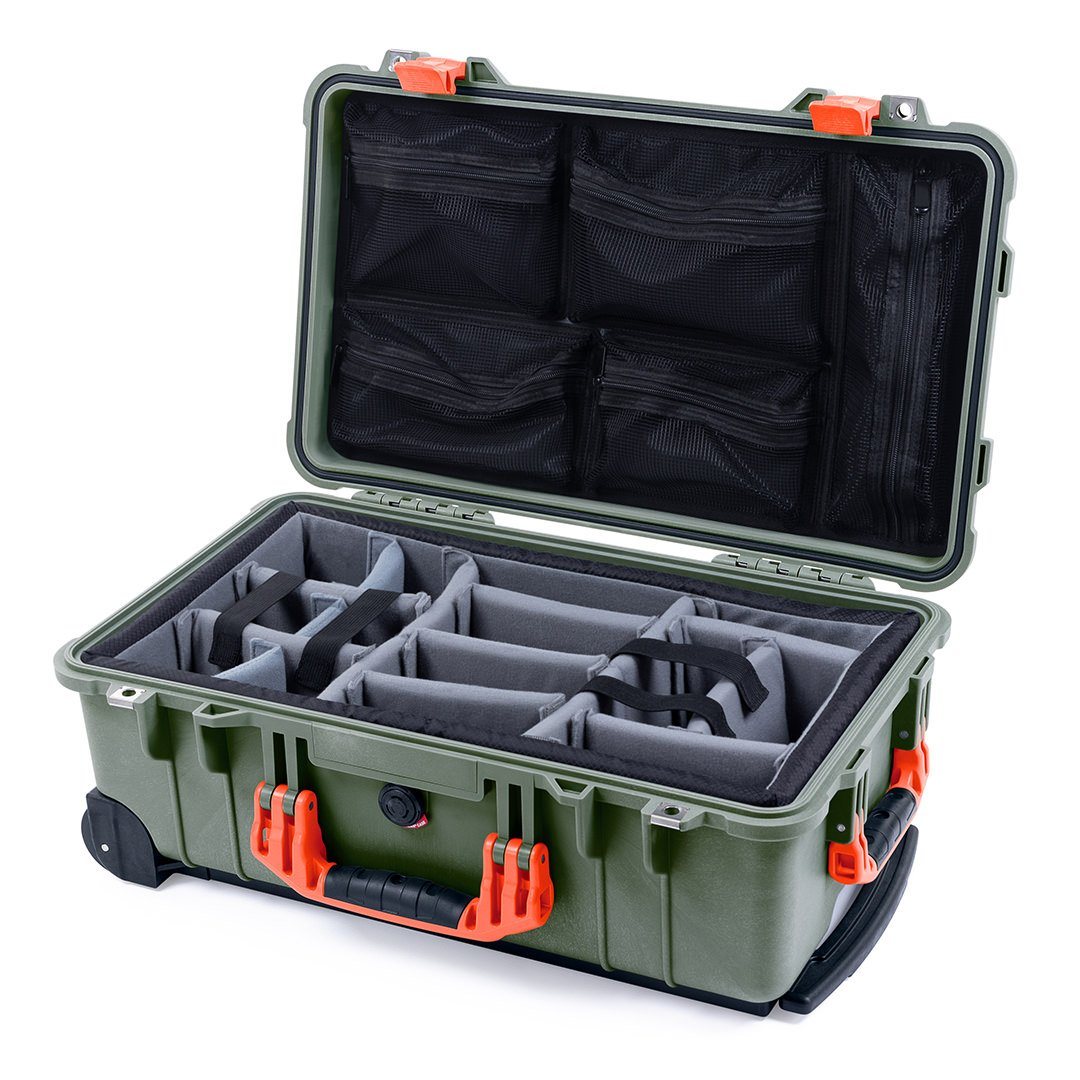 Pelican 1510 Case, OD Green with Orange Handles &amp; Latches Gray Padded Microfiber Dividers with Mesh Lid Organizer ColorCase 015100-0170-130-150