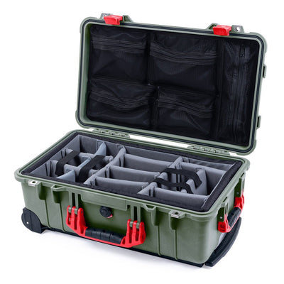 Pelican 1510 Case, OD Green with Red Handles & Latches Gray Padded Microfiber Dividers with Mesh Lid Organizer ColorCase 015100-0170-130-320