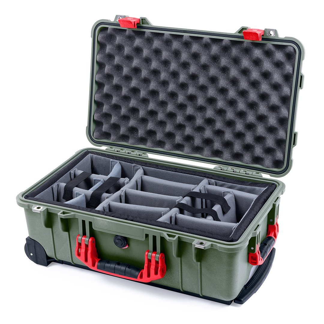 Pelican 1510 Case, OD Green with Red Handles &amp; Latches Gray Padded Microfiber Dividers with Convolute Lid Foam ColorCase 015100-0070-130-320