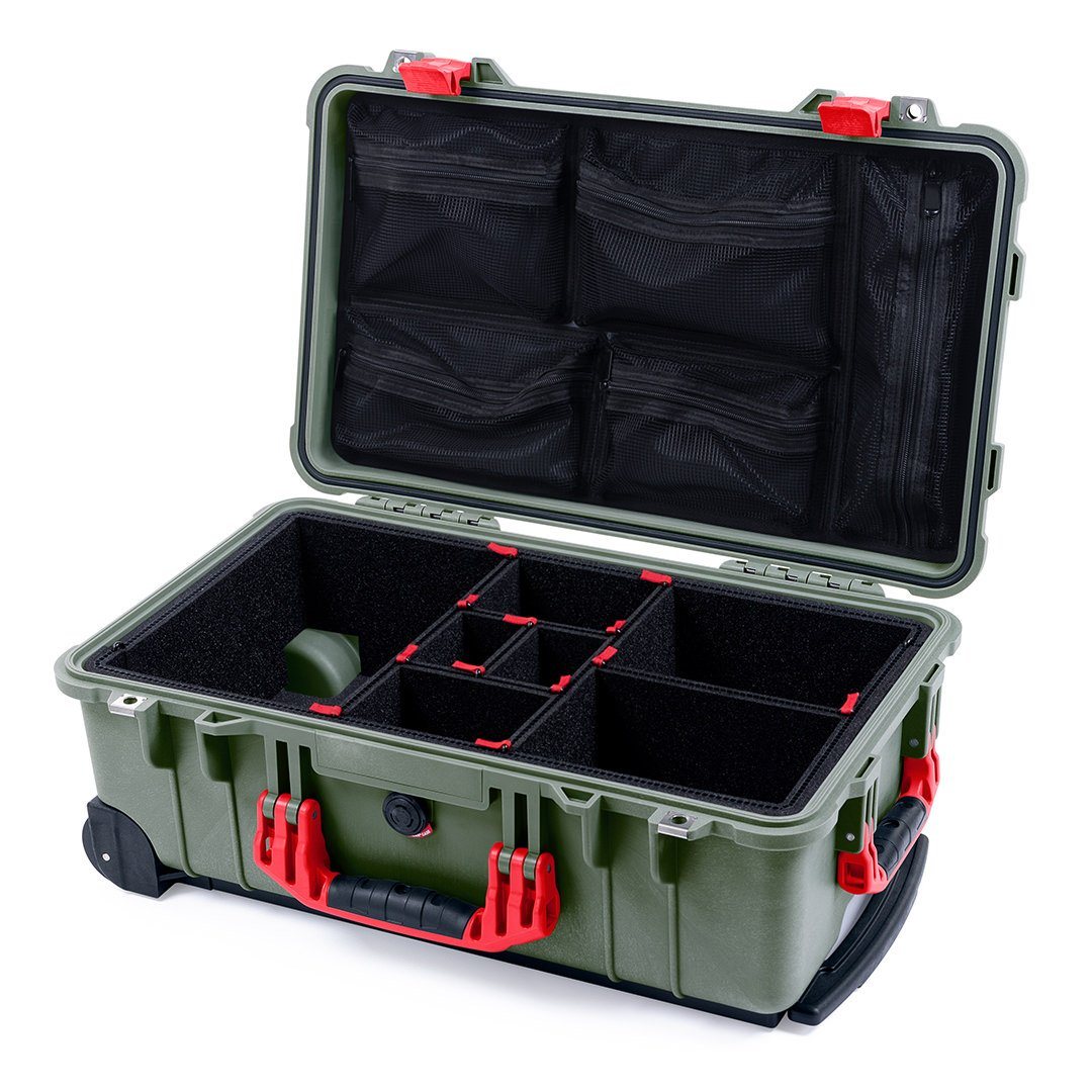 Pelican 1510 Case, OD Green with Red Handles &amp; Latches TrekPak Divider System with Mesh Lid Organizer ColorCase 015100-0120-130-320