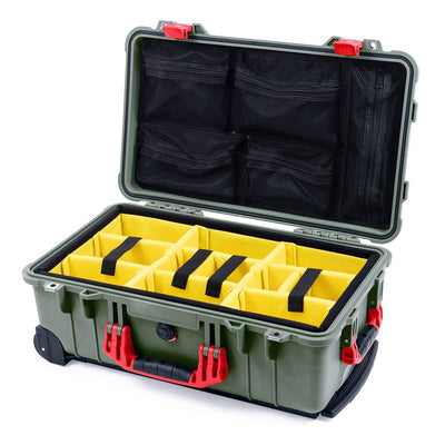 Pelican 1510 Case, OD Green with Red Handles & Latches Yellow Padded Microfiber Dividers with Mesh Lid Organizer ColorCase 015100-0110-130-320