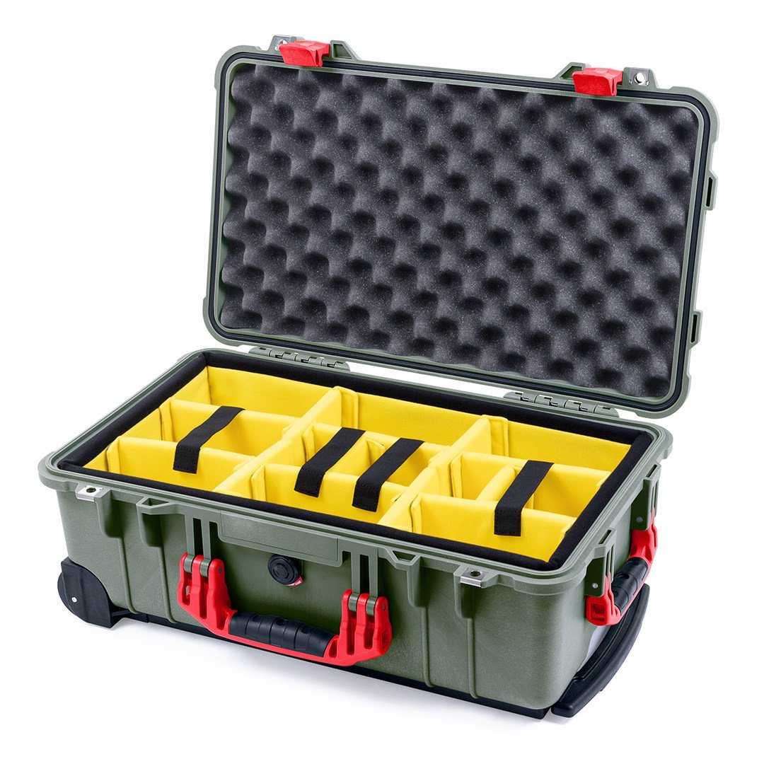Pelican 1510 Case, OD Green with Red Handles &amp; Latches Yellow Padded Microfiber Dividers with Convolute Lid Foam ColorCase 015100-0010-130-320