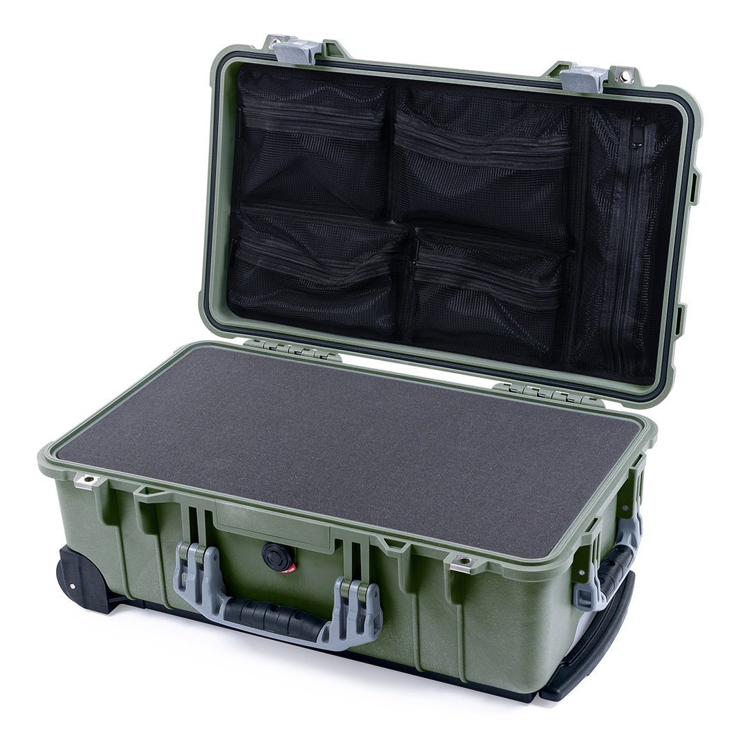 Pelican 1510 Case, OD Green with Silver Handles &amp; Latches Pick &amp; Pluck Foam with Mesh Lid Organizer ColorCase 015100-0101-130-180