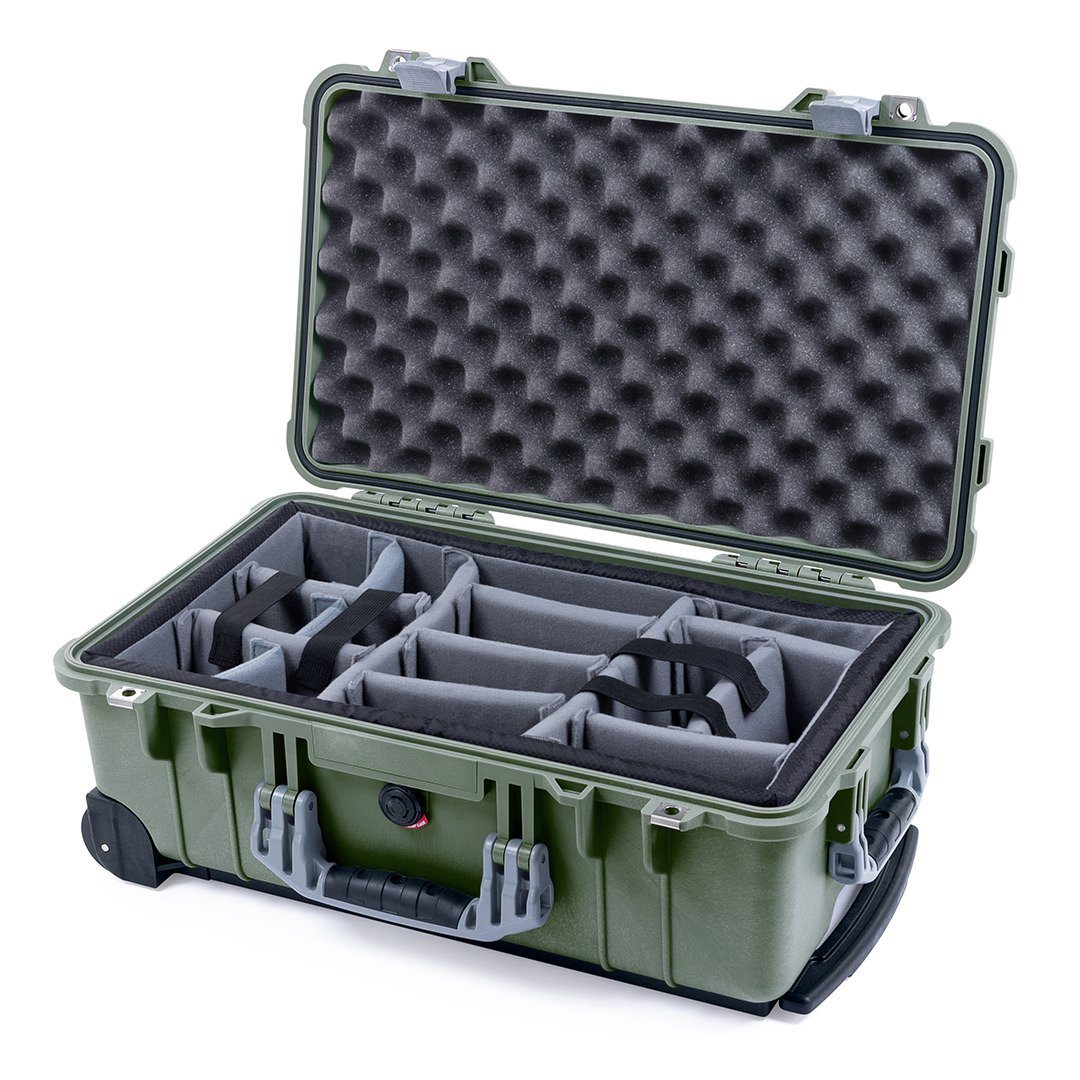Pelican 1510 Case, OD Green with Silver Handles &amp; Latches Gray Padded Microfiber Dividers with Convolute Lid Foam ColorCase 015100-0070-130-180