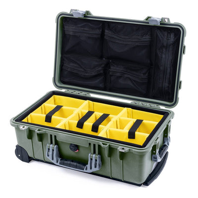Pelican 1510 Case, OD Green with Silver Handles & Latches Yellow Padded Microfiber Dividers with Mesh Lid Organizer ColorCase 015100-0110-130-180