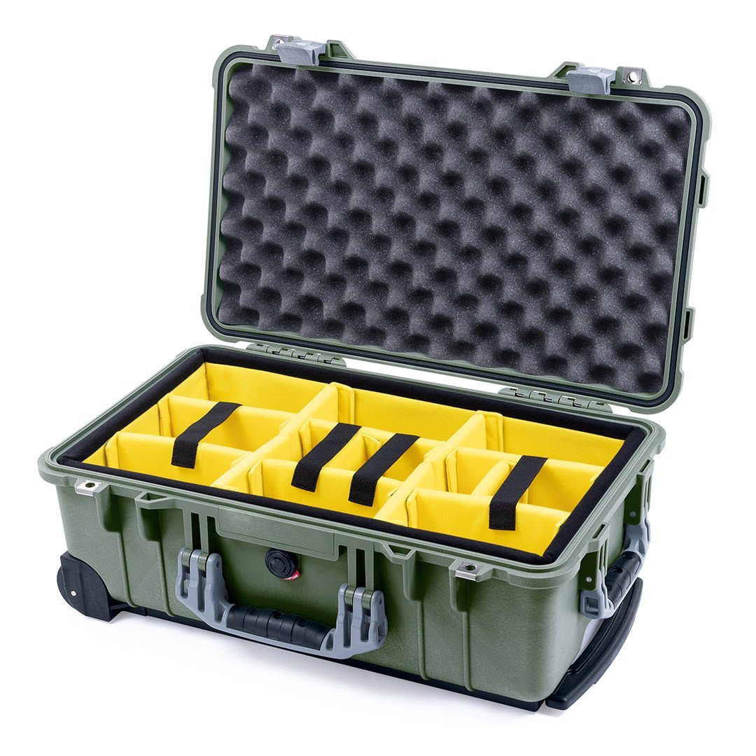 Pelican 1510 Case, OD Green with Silver Handles &amp; Latches Yellow Padded Microfiber Dividers with Convolute Lid Foam ColorCase 015100-0010-130-180