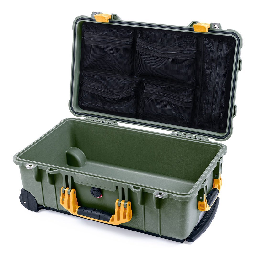 Pelican 1510 Case, OD Green with Yellow Handles &amp; Latches Mesh Lid Organizer Only ColorCase 015100-0100-130-240