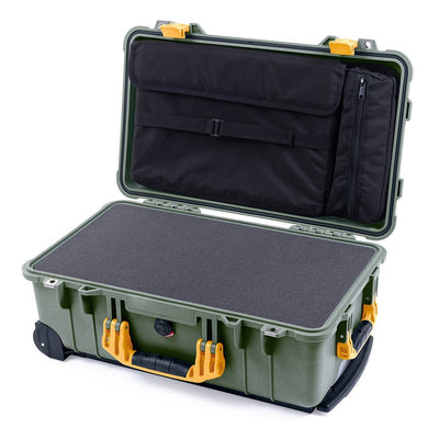 Pelican 1510 Case, OD Green with Yellow Handles & Latches Pick & Pluck Foam with Computer Pouch ColorCase 015100-0201-130-240