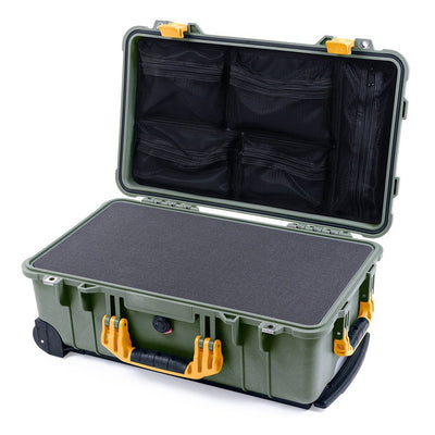 Pelican 1510 Case, OD Green with Yellow Handles & Latches Pick & Pluck Foam with Mesh Lid Organizer ColorCase 015100-0101-130-240