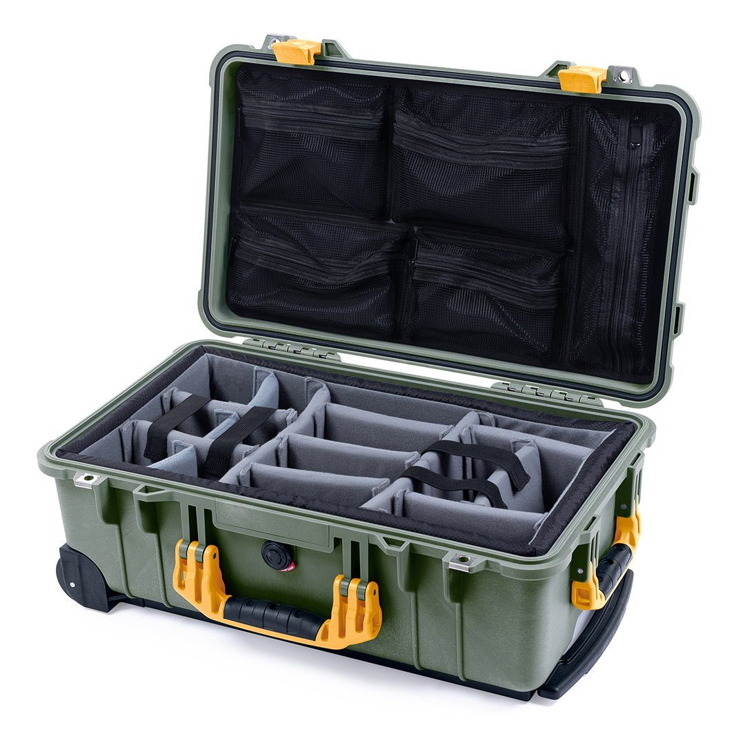 Pelican 1510 Case, OD Green with Yellow Handles &amp; Latches Gray Padded Microfiber Dividers with Mesh Lid Organizer ColorCase 015100-0170-130-240