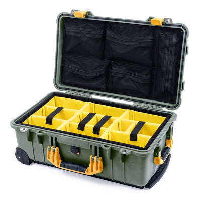 Pelican 1510 Case, OD Green with Yellow Handles & Latches Yellow Padded Microfiber Dividers with Mesh Lid Organizer ColorCase 015100-0110-130-240