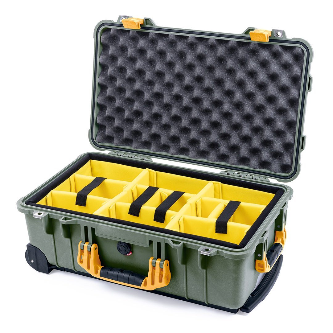 Pelican 1510 Case, OD Green with Yellow Handles &amp; Latches Yellow Padded Microfiber Dividers with Convolute Lid Foam ColorCase 015100-0010-130-240