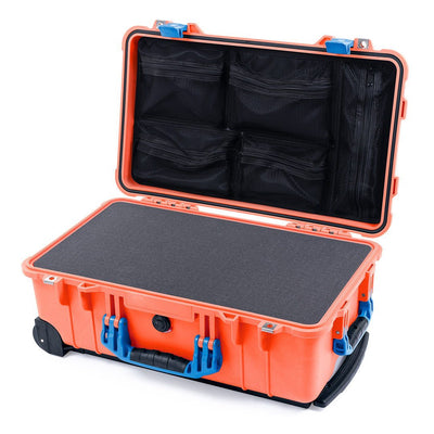 Pelican 1510 Case, Orange with Blue Handles & Latches Pick & Pluck Foam with Mesh Lid Organizer ColorCase 015100-0101-150-120