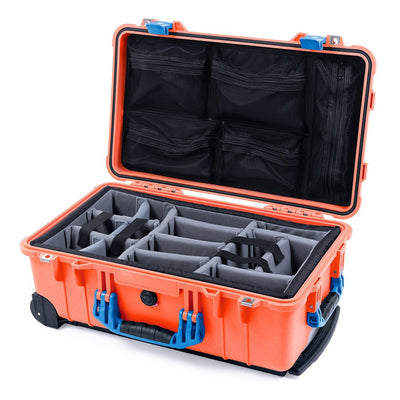 Pelican 1510 Case, Orange with Blue Handles & Latches Gray Padded Microfiber Dividers with Mesh Lid Organizer ColorCase 015100-0170-150-120