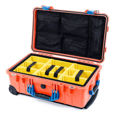 Pelican 1510 Case, Orange with Blue Handles & Latches Yellow Padded Microfiber Dividers with Mesh Lid Organizer ColorCase 015100-0110-150-120