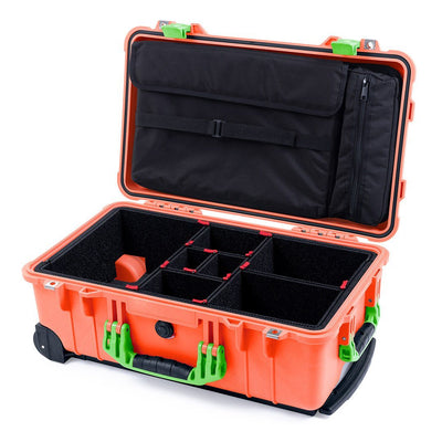 Pelican 1510 Case, Orange with Lime Green Handles & Latches TrekPak Divider System with Computer Pouch ColorCase 015100-0220-150-300