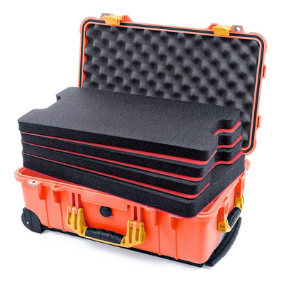 Pelican 1510 Case, Orange with Yellow Handles & Latches Custom Tool Kit (4 Foam Inserts with Convolute Lid Foam) ColorCase 015100-0060-150-240