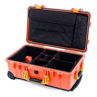 Pelican 1510 Case, Orange with Yellow Handles & Latches TrekPak Divider System with Computer Pouch ColorCase 015100-0220-150-240