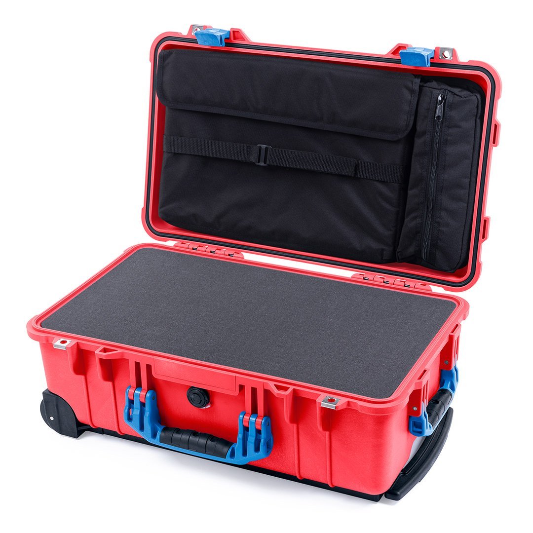 Pelican 1510 Case, Red with Blue Handles &amp; Latches Pick &amp; Pluck Foam with Computer Pouch ColorCase 015100-0201-320-120