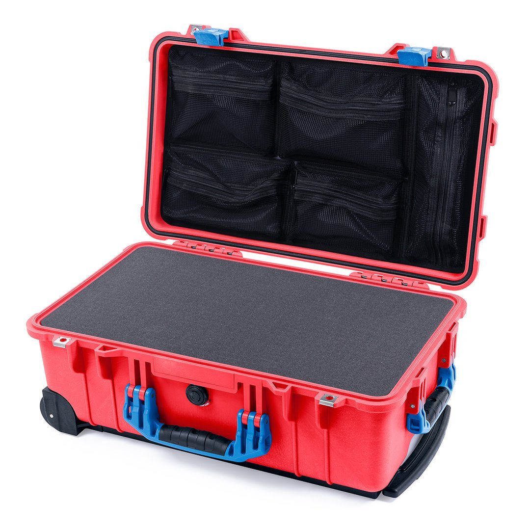 Pelican 1510 Case, Red with Blue Handles &amp; Latches Pick &amp; Pluck Foam with Mesh Lid Organizer ColorCase 015100-0101-320-120