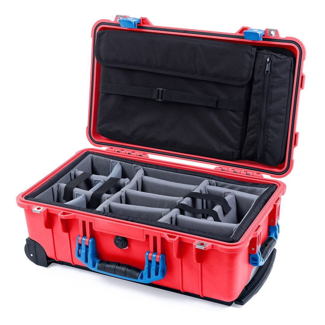 Pelican 1510 Case, Red with Blue Handles &amp; Latches Gray Padded Microfiber Dividers with Computer Pouch ColorCase 015100-0270-320-120